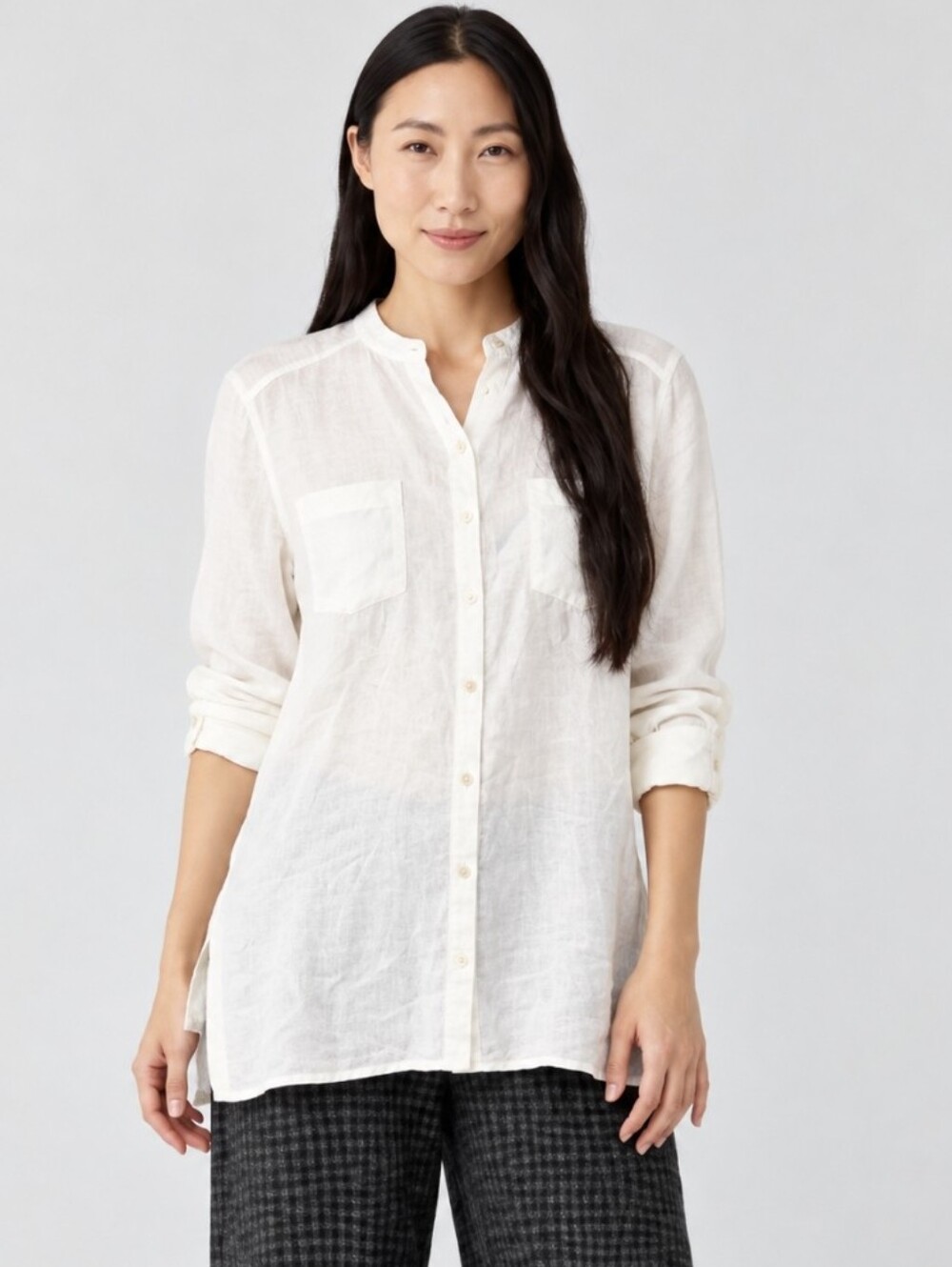 Eileen Fisher 100% Organic Linen White Button Up Shirt Mandarin Collar Size M